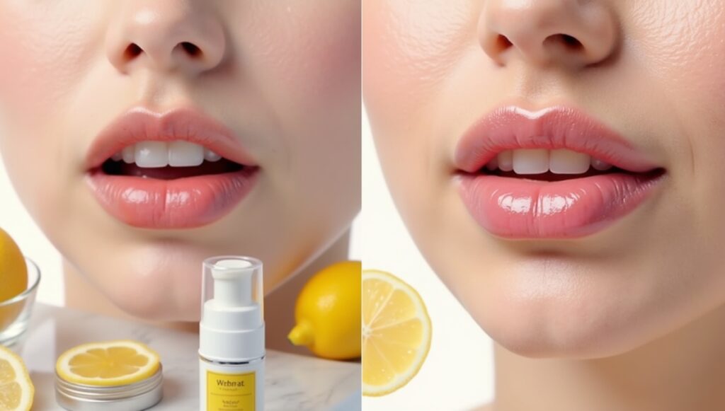 Before and after results of lip pigmentation treatment showing lighter, even-toned lips after using natural remedies and dermatological creams
